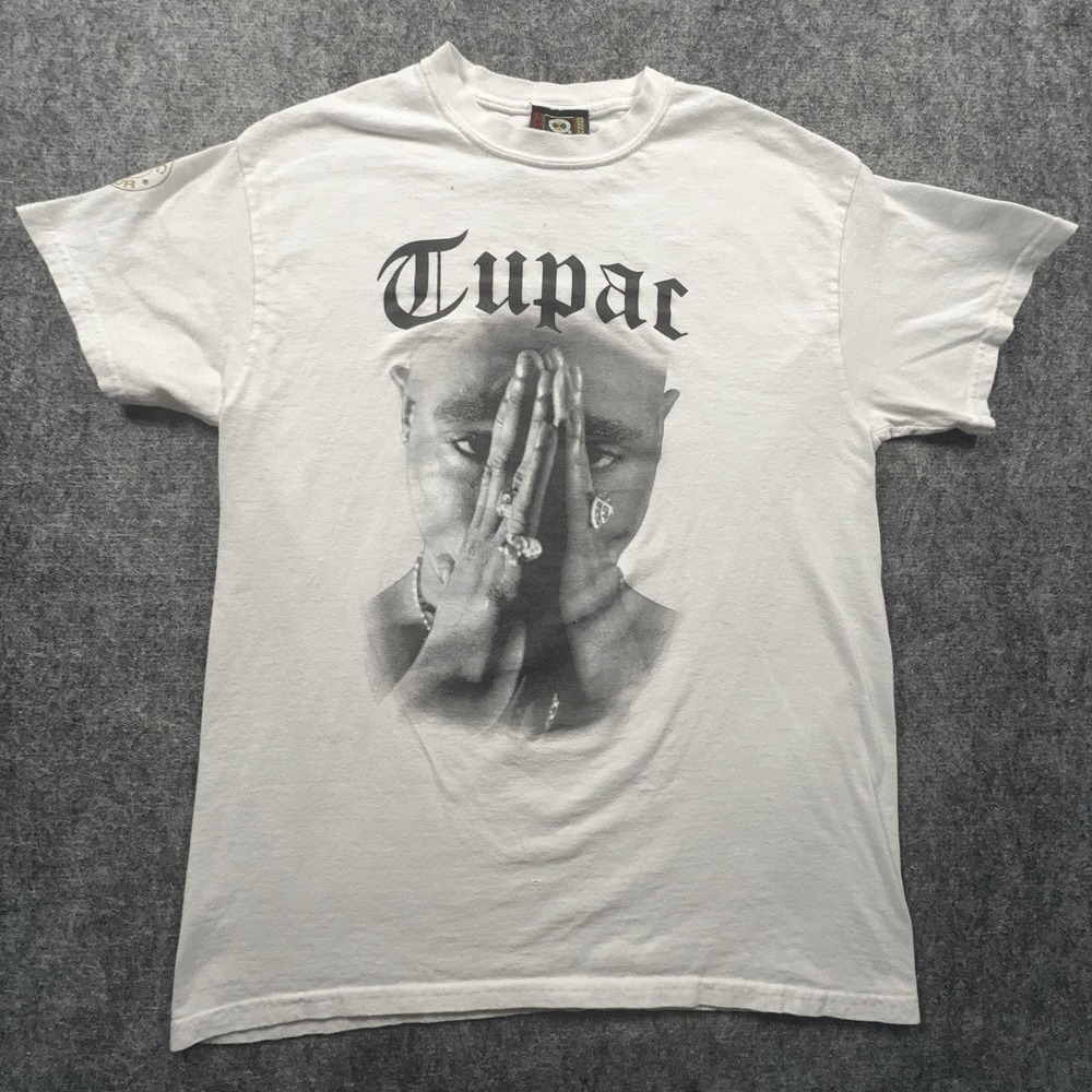 Cross Colours Tupac Shakur Mens M White Praying Hands Graphic Rap 2Pac T-Shirt